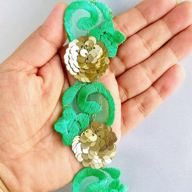 Green Lace Trim, Tissue Fabric Cutwork With Floral Embroidery & Gold Sequins,